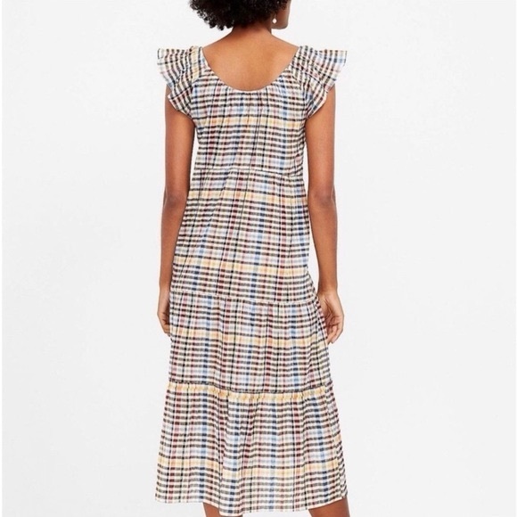 LOFT Flutter Sleeve Colorful Plaid Tiered Midi Dress size xl NWT - Picture 2 of 7